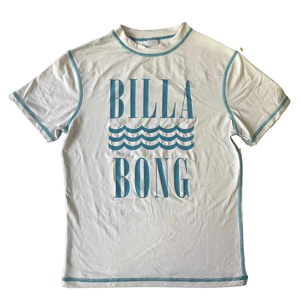 Billabong Women Shirt L White Wave Logo Activewear Short Sleeve Stretch Swimwear